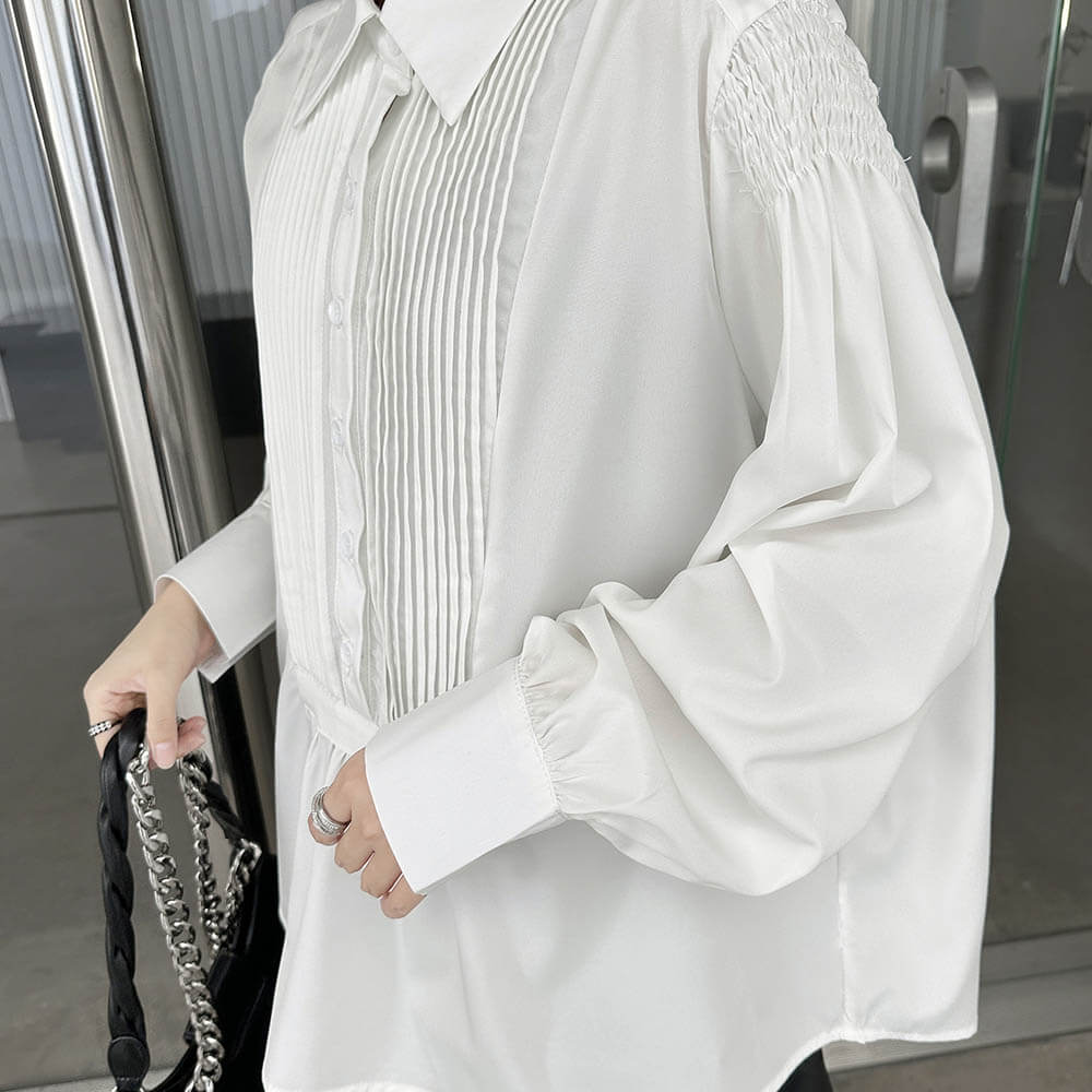 Stylish Lapel Pleated Stitching Long-Sleeved Shirt