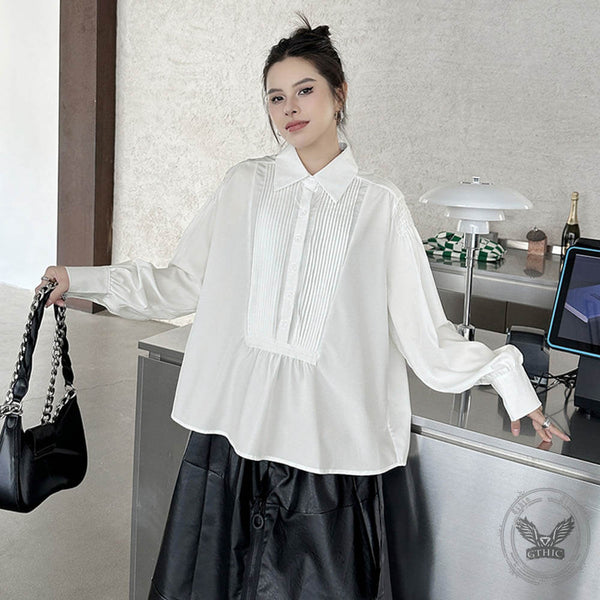 Stylish Lapel Pleated Stitching Long-Sleeved Shirt 02 | Gthic.com