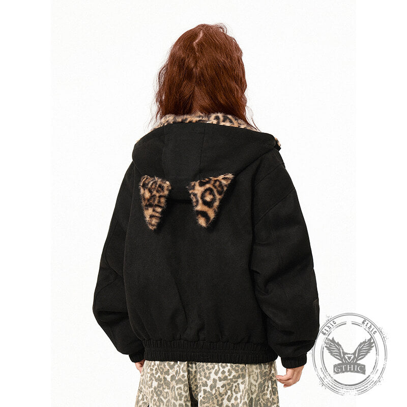Stylish Leopard Print Warm Suede Erect Ears Hoodie Coat | Gthic.com