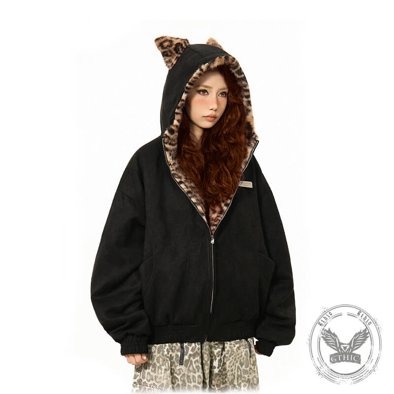 Stylish Leopard Print Warm Suede Erect Ears Hoodie Coat | Gthic.com