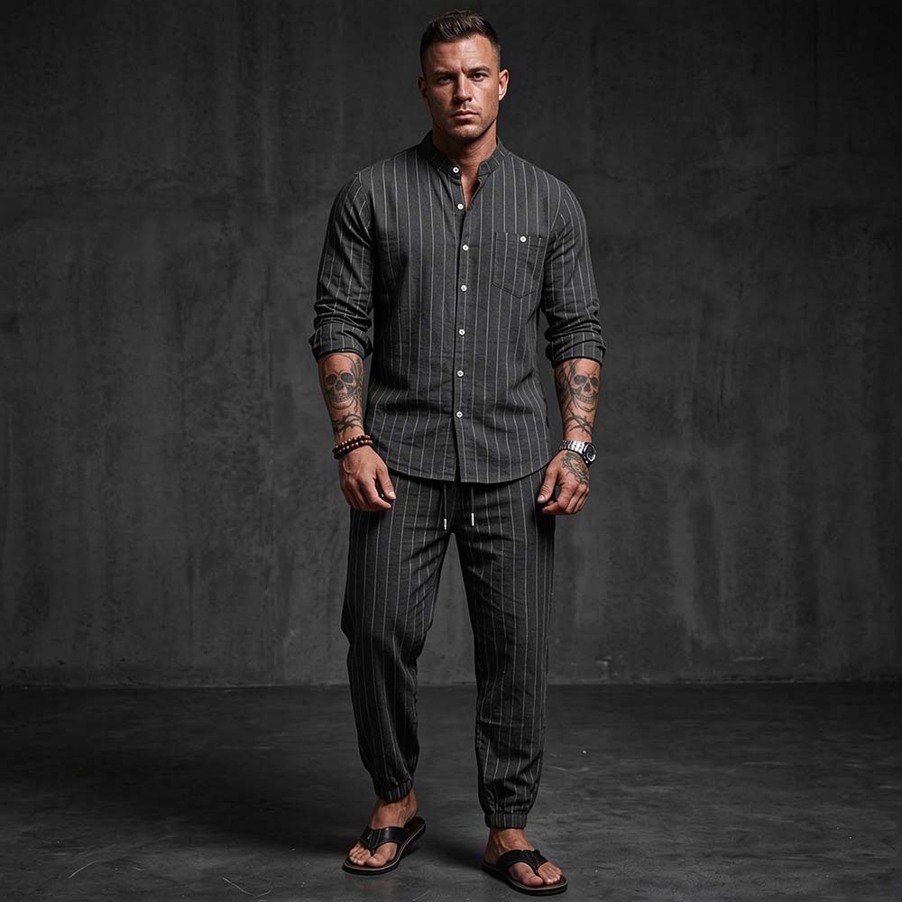 Stylish Loose-Fit Striped Linen Shirt Pants Set | Gthic.com