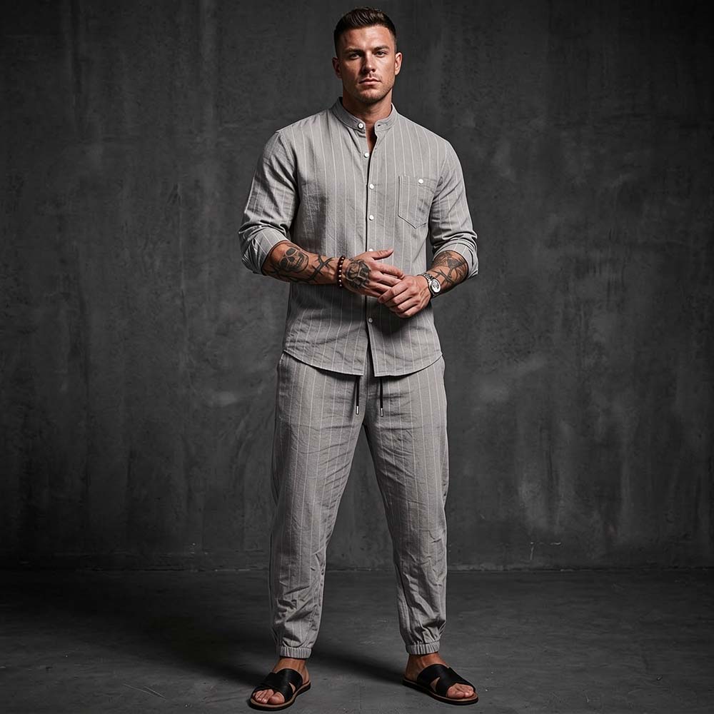 Stylish Loose-Fit Striped Linen Shirt Pants Set | Gthic.com