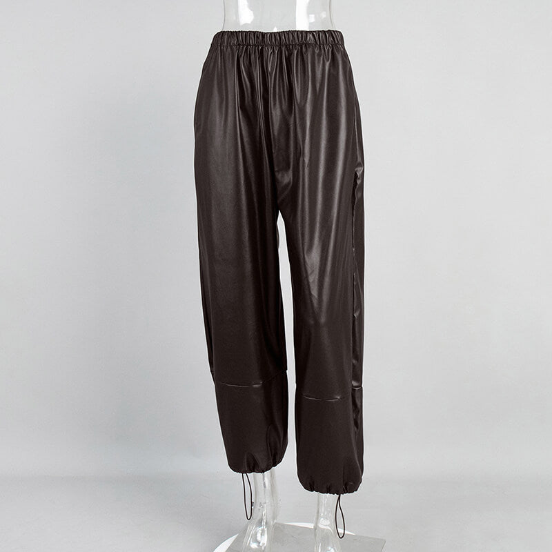 Stylish Loose-Fitting Drawstring PU Leather Lantern Pants