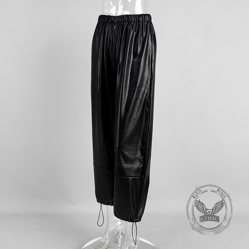 Stylish Loose-Fitting Drawstring PU Leather Lantern Pants