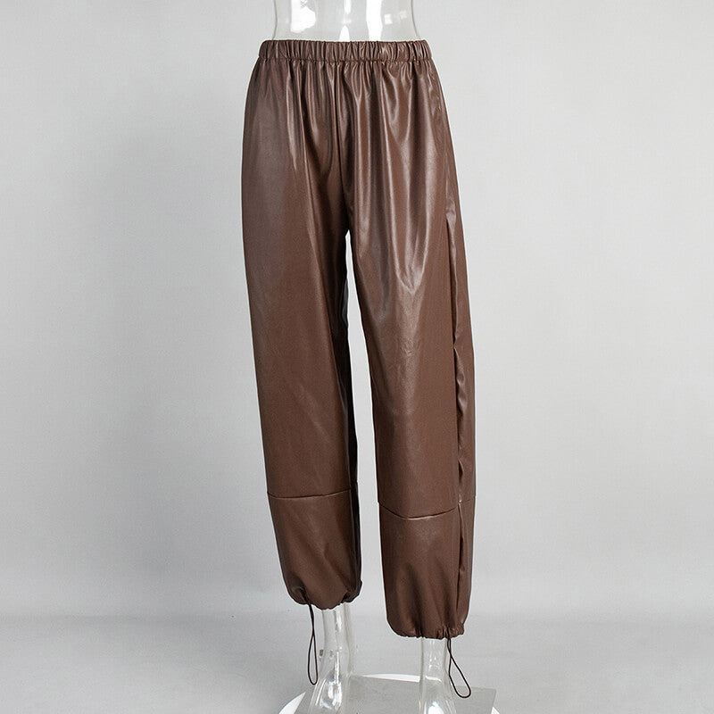 Stylish Loose-Fitting Drawstring PU Leather Lantern Pants