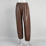 Stylish Loose-Fitting Drawstring PU Leather Lantern Pants