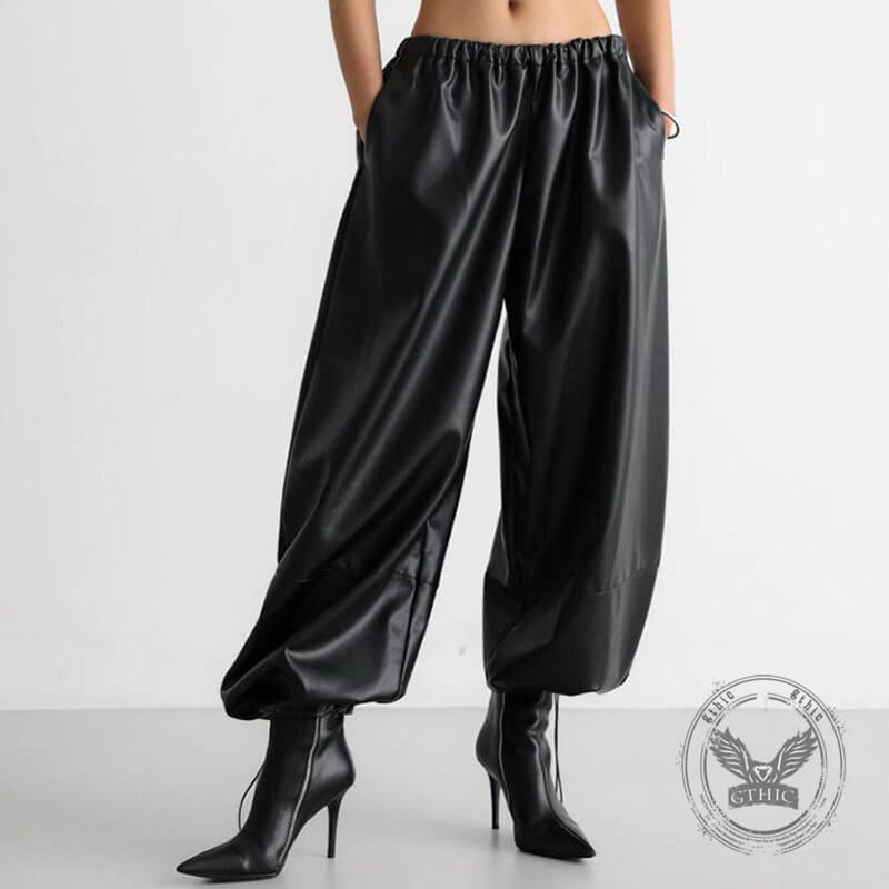 Stylish Loose-Fitting Drawstring PU Leather Lantern Pants | Gthic.com