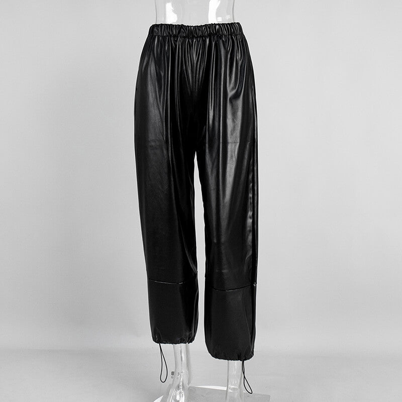 Stylish Loose-Fitting Drawstring PU Leather Lantern Pants | Gthic.com