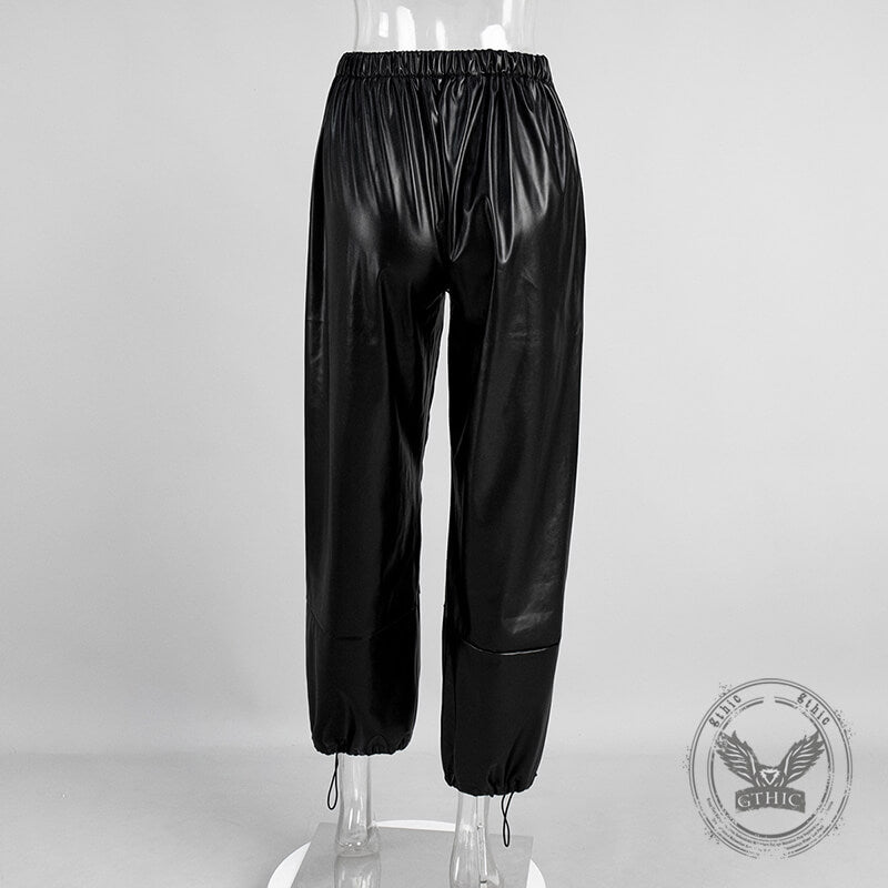 Stylish Loose-Fitting Drawstring PU Leather Lantern Pants
