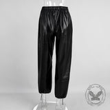 Stylish Loose-Fitting Drawstring PU Leather Lantern Pants