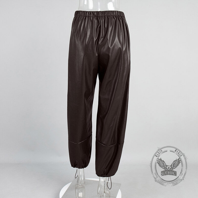 Stylish Loose-Fitting Drawstring PU Leather Lantern Pants