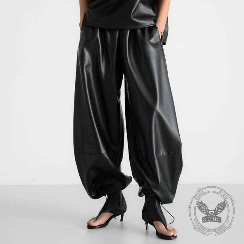 Stylish Loose-Fitting Drawstring PU Leather Lantern Pants | Gthic.com