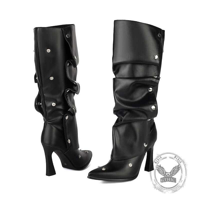 Stylish Pointed-Toe Studded Stacking Stiletto High Boots