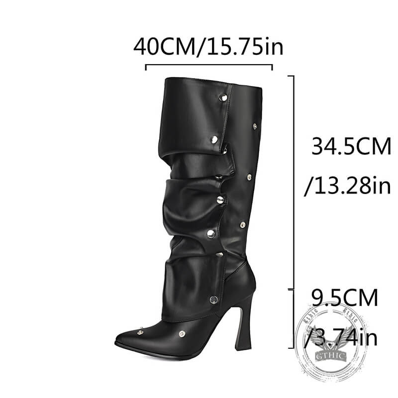 Stylish Pointed-Toe Studded Stacking Stiletto High Boots