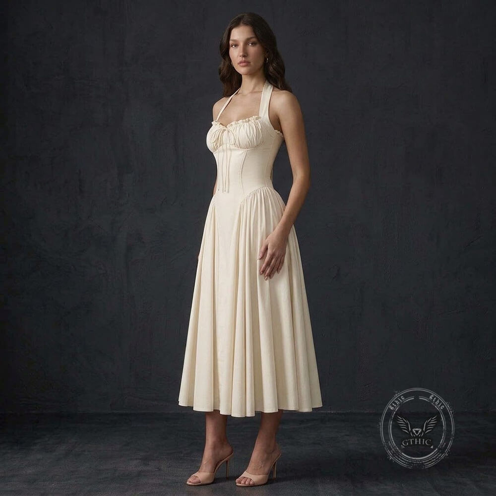 Stylish Slim-Fit Cinched Waist Halter-Neck Maxi Dress