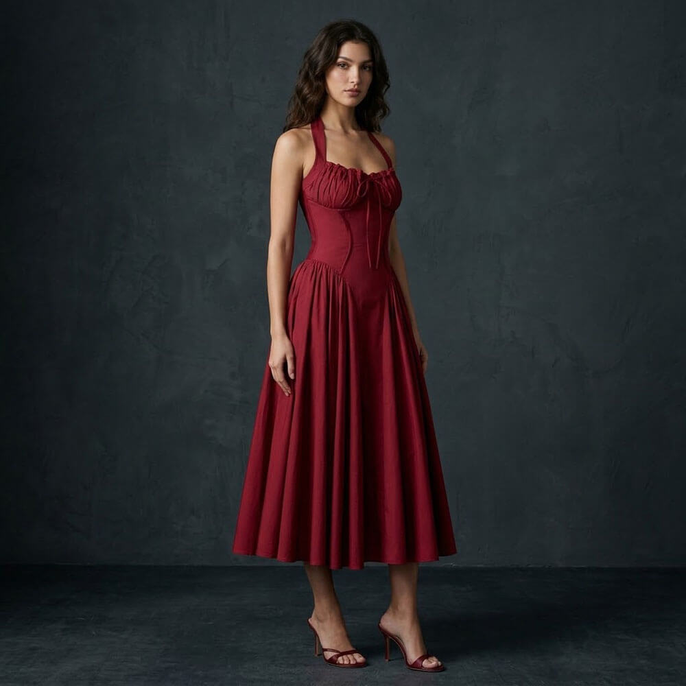Stylish Slim-Fit Cinched Waist Halter-Neck Maxi Dress