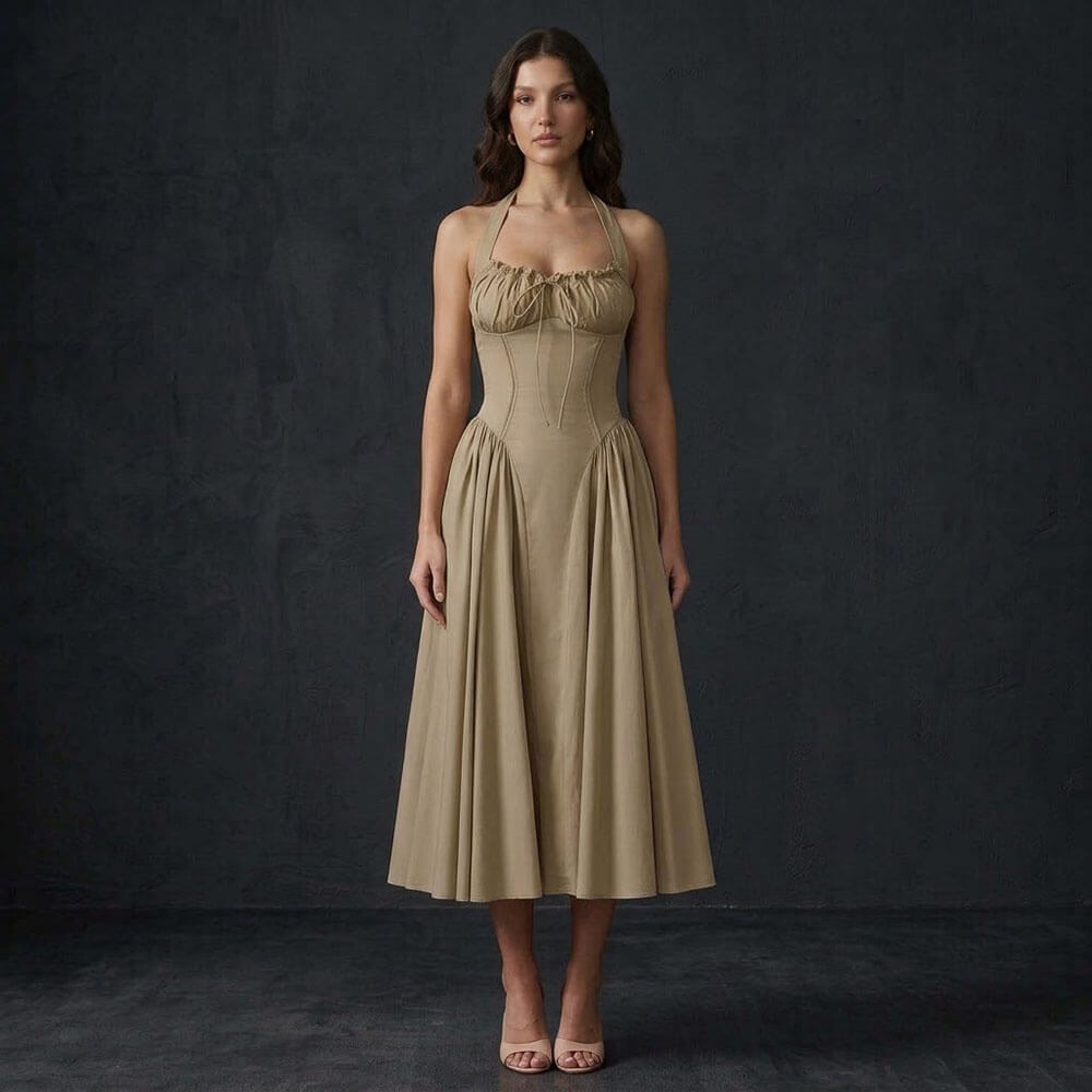 Stylish Slim-Fit Cinched Waist Halter-Neck Maxi Dress