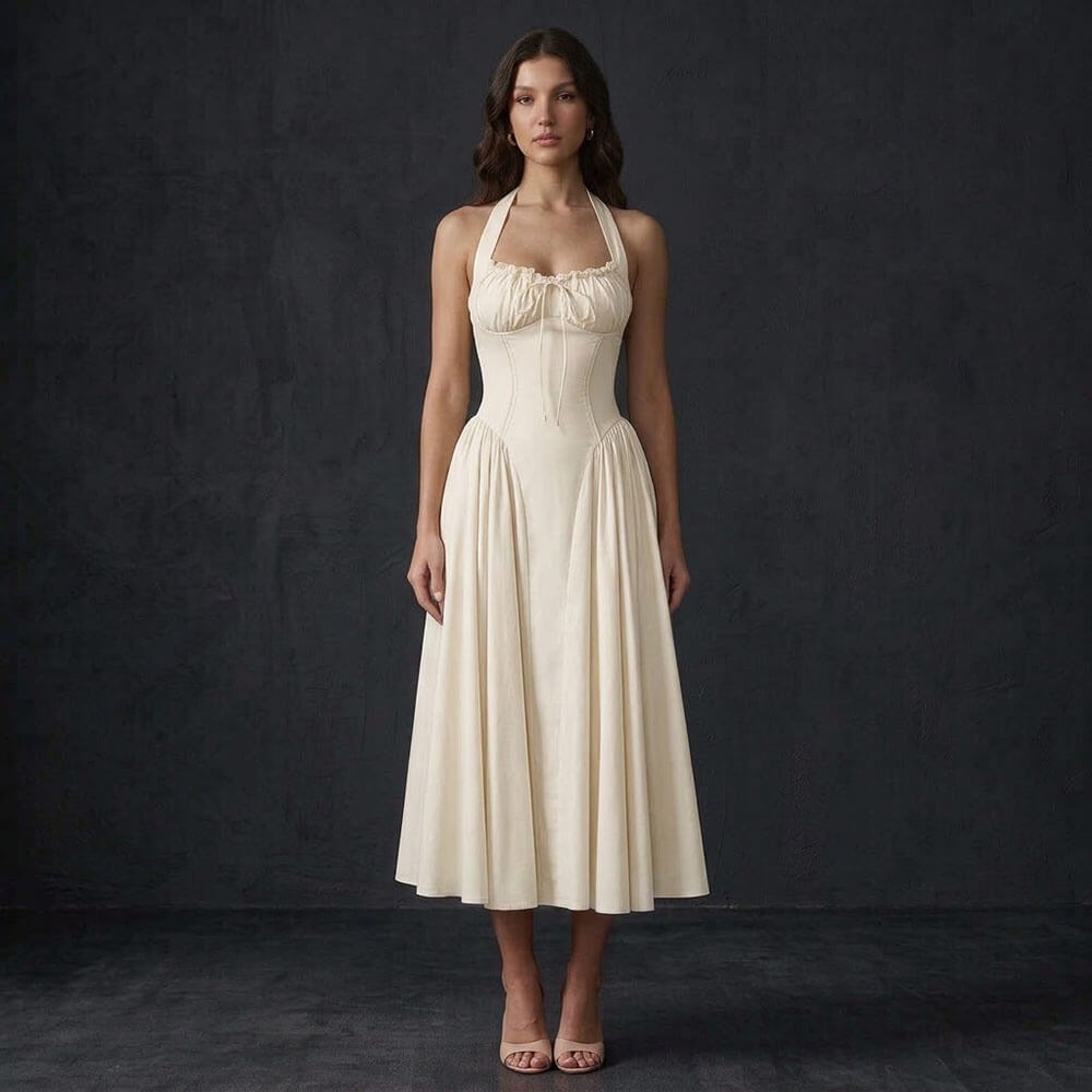 Stylish Slim-Fit Cinched Waist Halter-Neck Maxi Dress