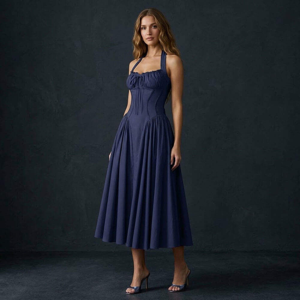 Stylish Slim-Fit Cinched Waist Halter-Neck Maxi Dress
