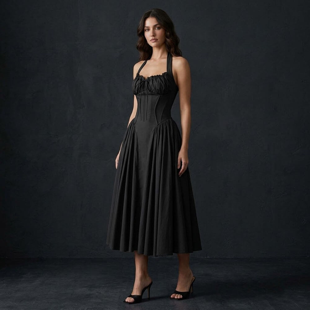 Stylish Slim-Fit Cinched Waist Halter-Neck Maxi Dress