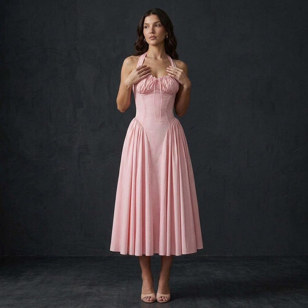 Stylish Slim-Fit Cinched Waist Halter-Neck Maxi Dress