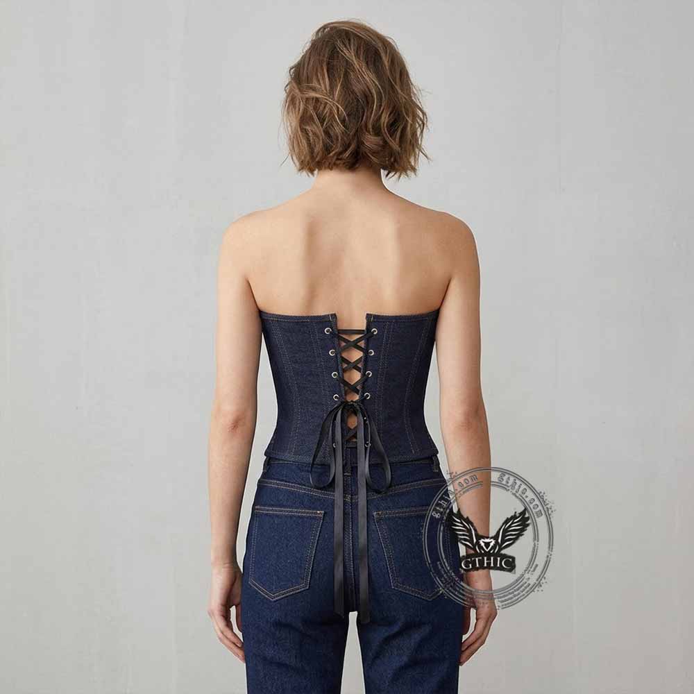 Stylish Vintage Lace Trim Black & Blue Denim Corset | Gthic.com