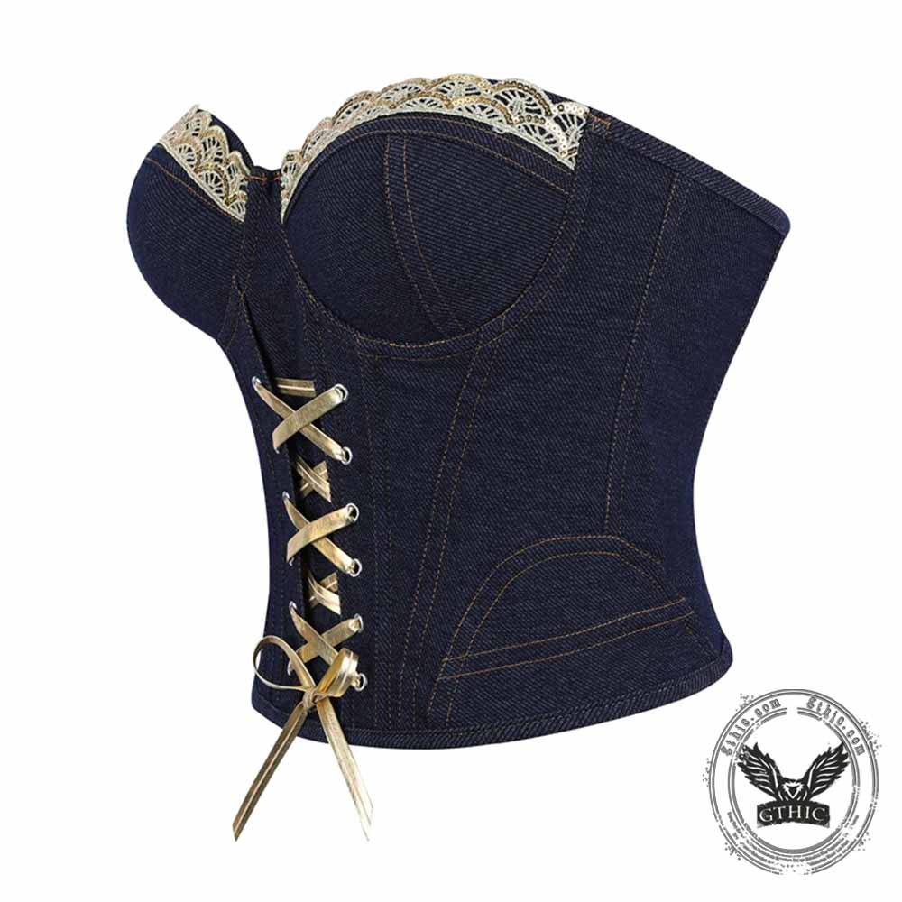 Stylish Vintage Lace Trim Black & Blue Denim Corset