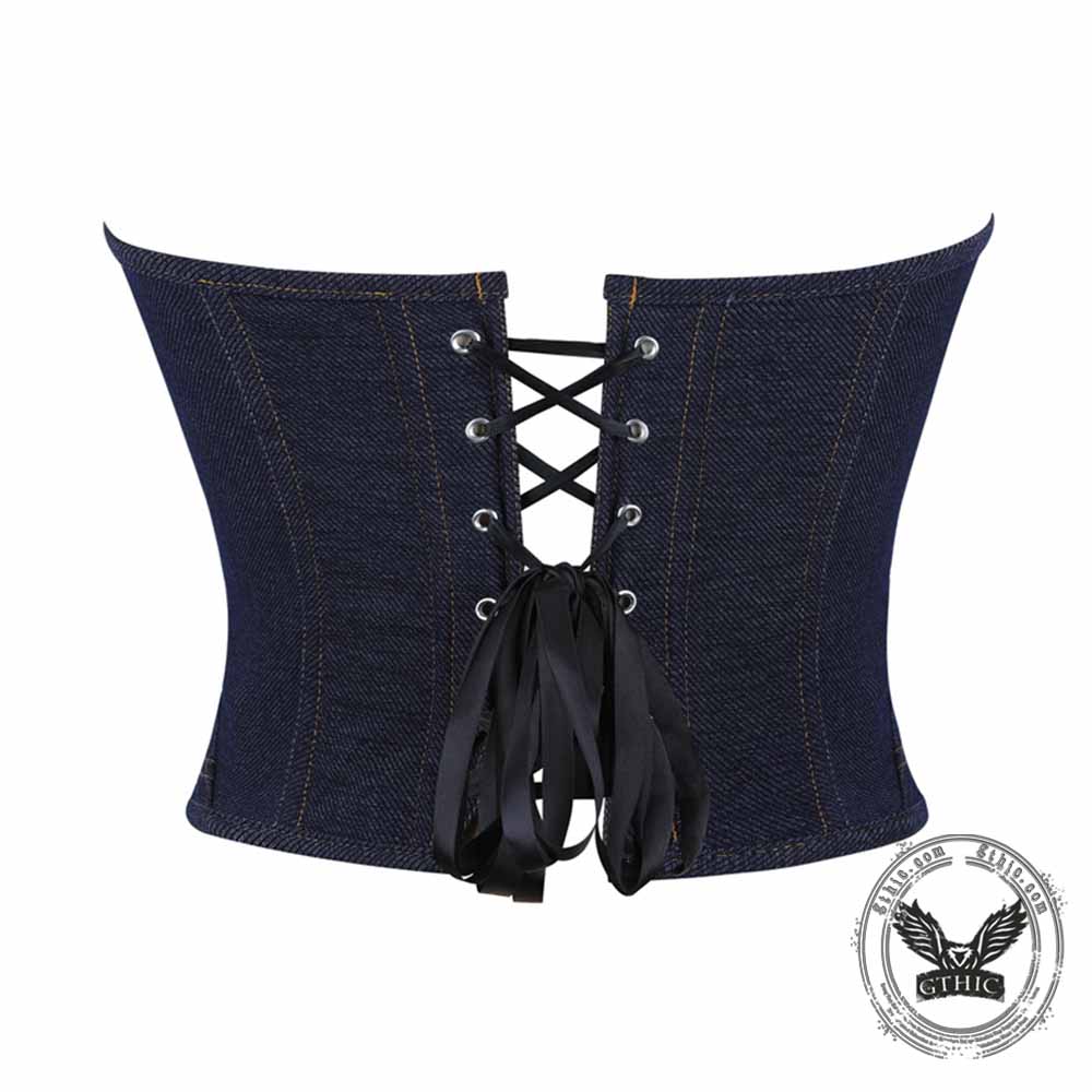 Stylish Vintage Lace Trim Black & Blue Denim Corset