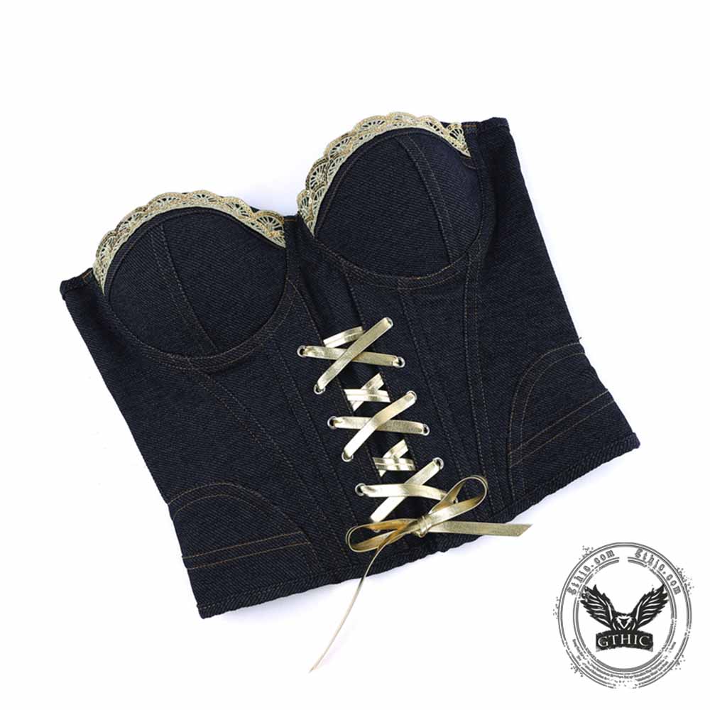 Stylish Vintage Lace Trim Black & Blue Denim Corset