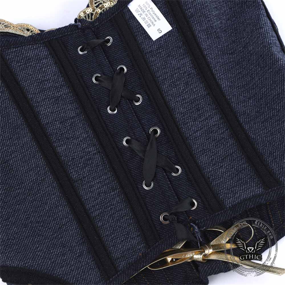 Stylish Vintage Lace Trim Black & Blue Denim Corset