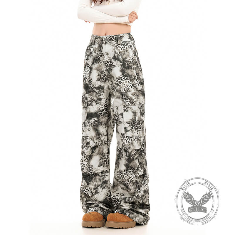 Stylish White Leopard Print Wide-Leg Baggy Pants | Gthic.com