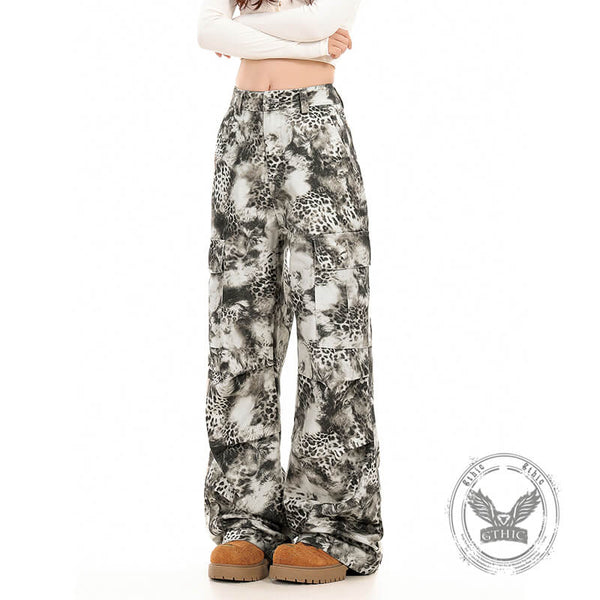 Stylish White Leopard Print Wide-Leg Baggy Pants | Gthic.com
