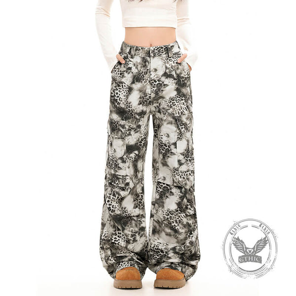Stylish White Leopard Print Wide-Leg Baggy Pants | Gthic.com