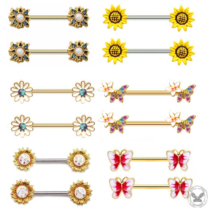 Sun Flower Design Butterfly Alloy Nipple Ring | Gthic.com