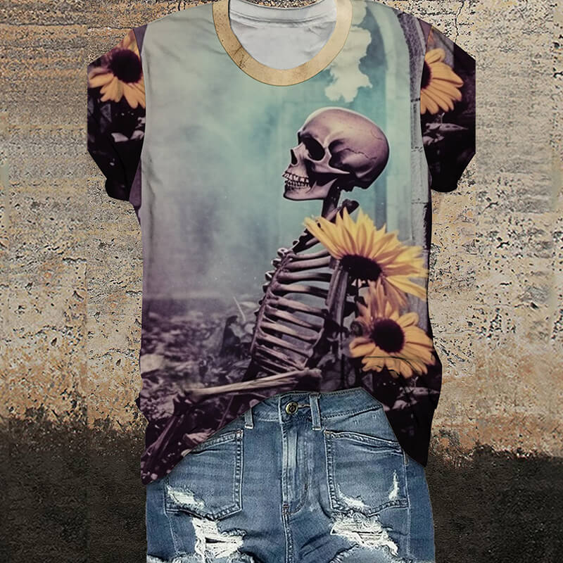 Sunflower Skull Round Neck Gothic T-Shirt