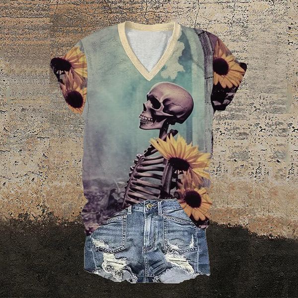 Sunflower Skull V-Neck Gothic T-Shirt