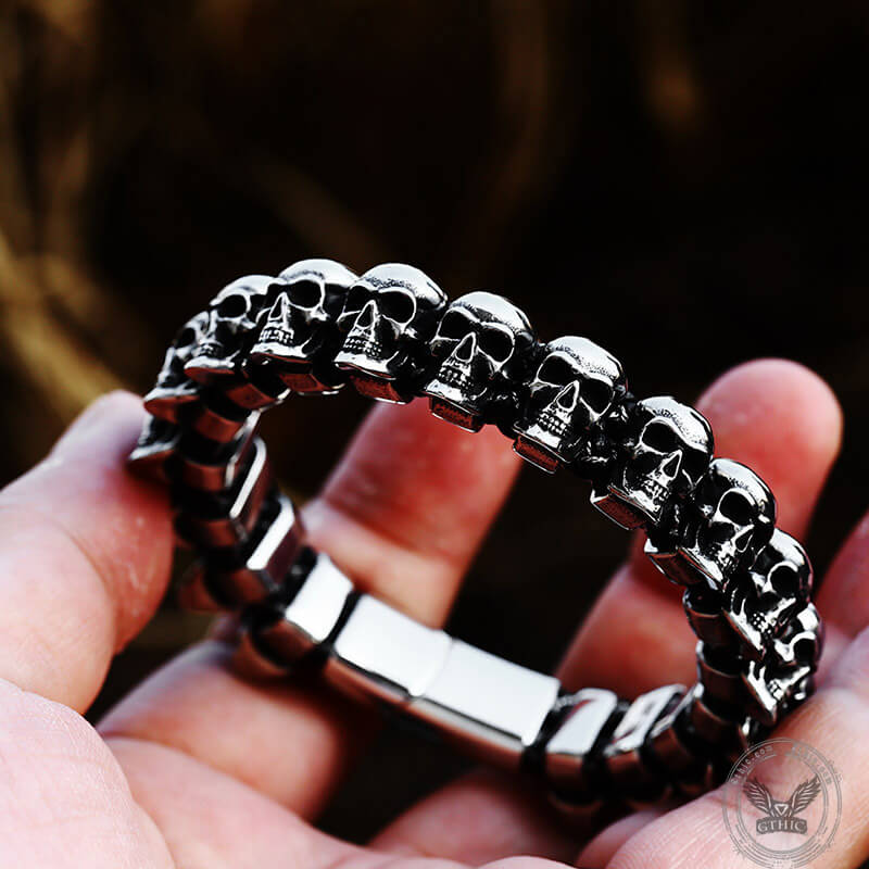 Surrounded Skulls Stainless Steel Bracelet | Gthic.com