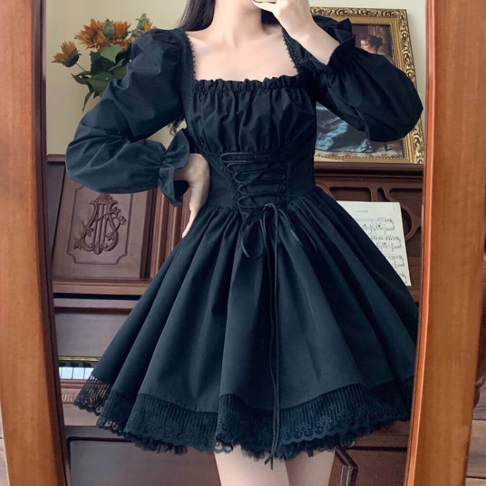 Sweet Lace Puff Sleeves Tie Waist Lolita Dress | Gthic.com