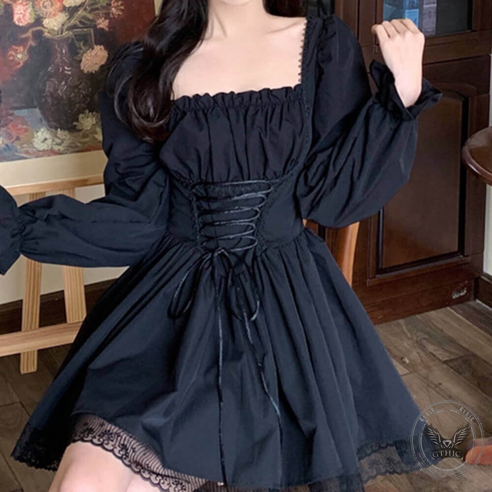 Sweet Lace Puff Sleeves Tie Waist Lolita Dress | Gthic.com