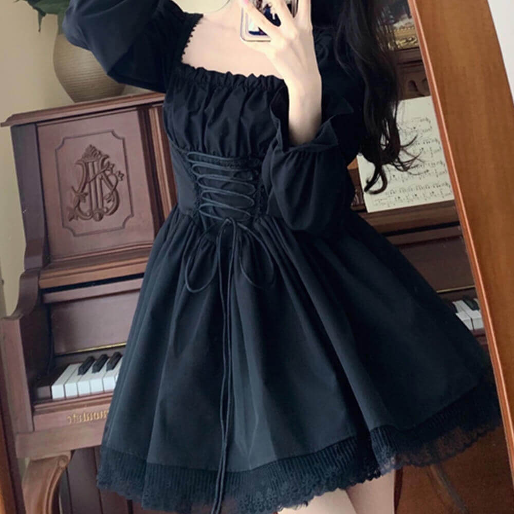 Sweet Lace Puff Sleeves Tie Waist Lolita Dress | Gthic.com