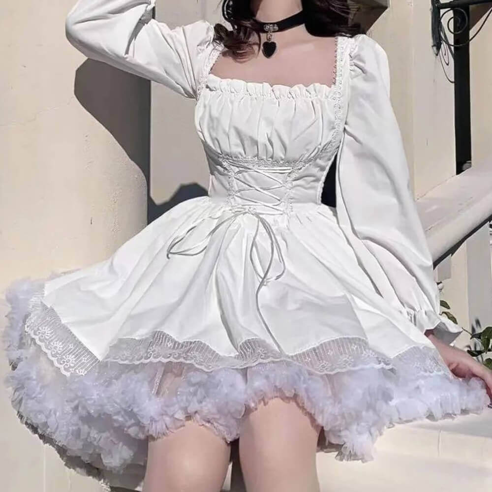 Sweet Lace Puff Sleeves Tie Waist Lolita Dress | Gthic.com