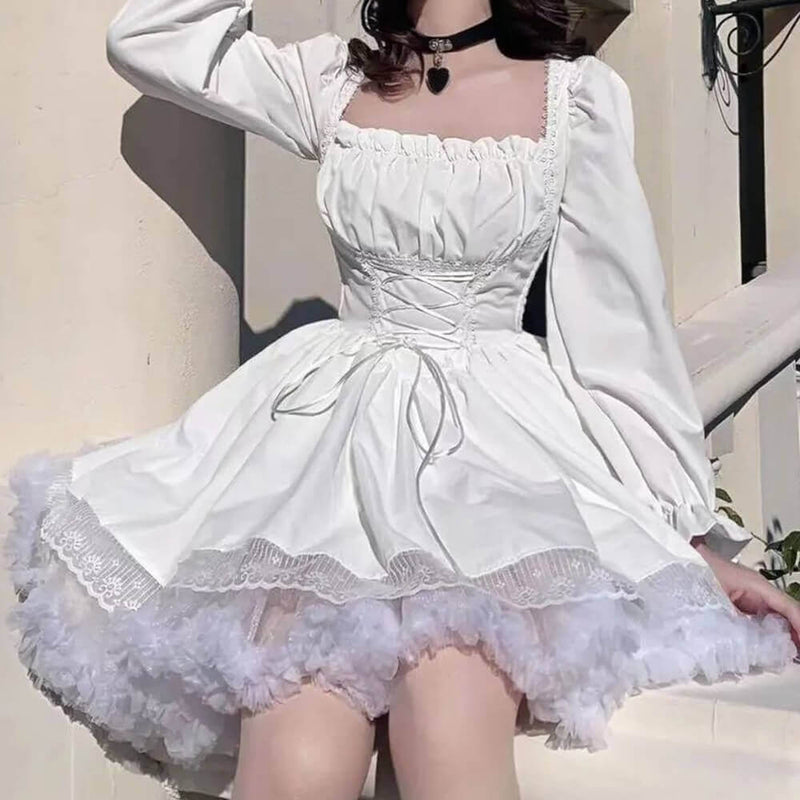 Sweet Lace Puff Sleeves Tie Waist Lolita Dress, Black / S (Bust 66-86 cm ) Sweet Lace Puff Sleeves Tie Waist Lolita Dress, Black / S (Bust 66-86 cm )