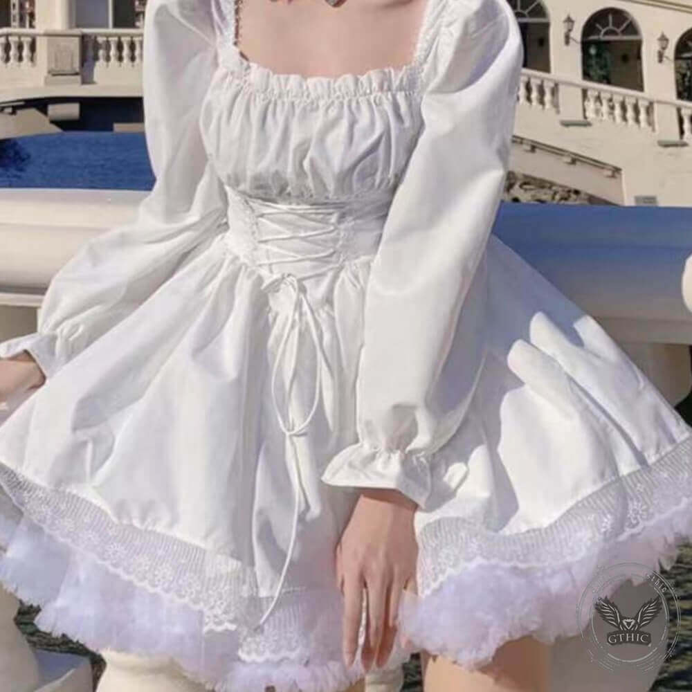 Sweet Lace Puff Sleeves Tie Waist Lolita Dress | Gthic.com