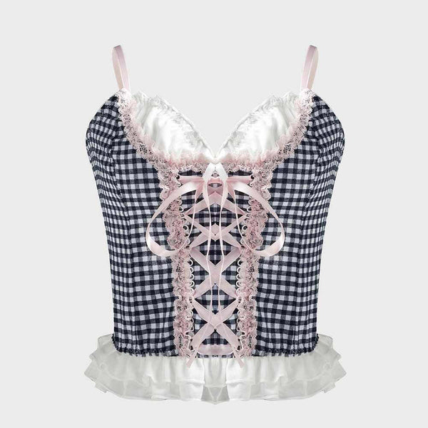 Sweet Plaid Lace Paneled Drawstring Camisole | Gthic.com