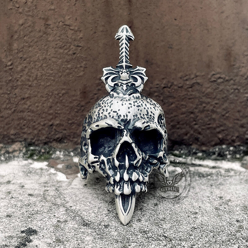 Sword Piercing Skull Sterling Silver Ring | Gthic.com