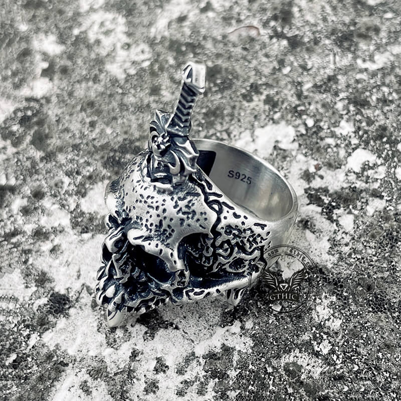 Sword Piercing Skull Sterling Silver Ring | Gthic.com