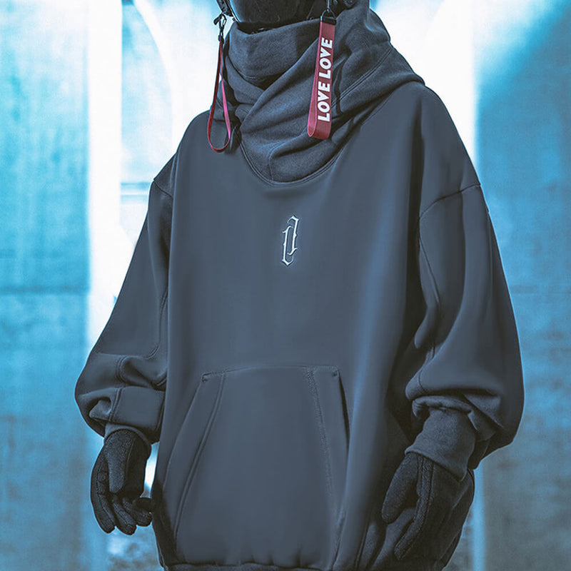 Tech Style Loose Solid Color Pile Collar Hoodie 01 | Gthic.com