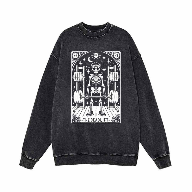 The Deadlift Tarot Card Skull Vintage Washed Sweatshirt 01 | Gthic.com