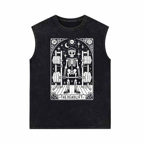 The Deadlift Tarot Card Skull Vintage Washed Vest Top 01 | Gthic.com