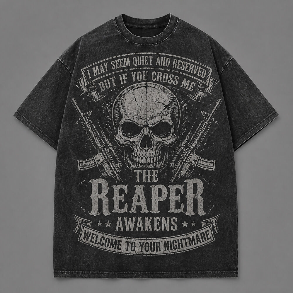 The Reaper Awakens Skull Graphic Vintage Washed T-Shirt | Gthic.com